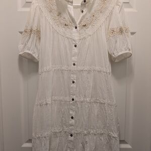 White Embroidered Button-Up Dress